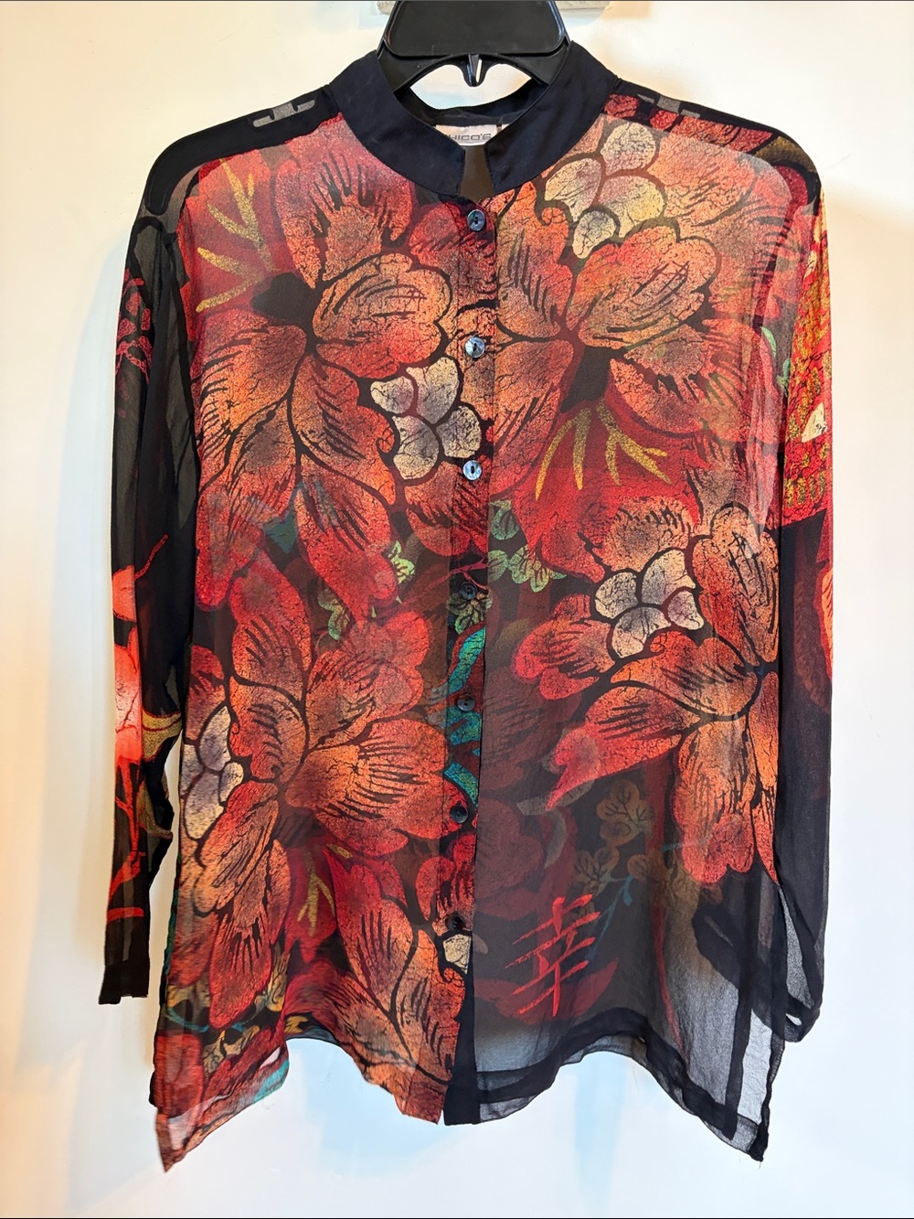 Chico’s Sheer 100% Silk Floral Tunic Blouse 1 US Medium Black Red Asian Inspired